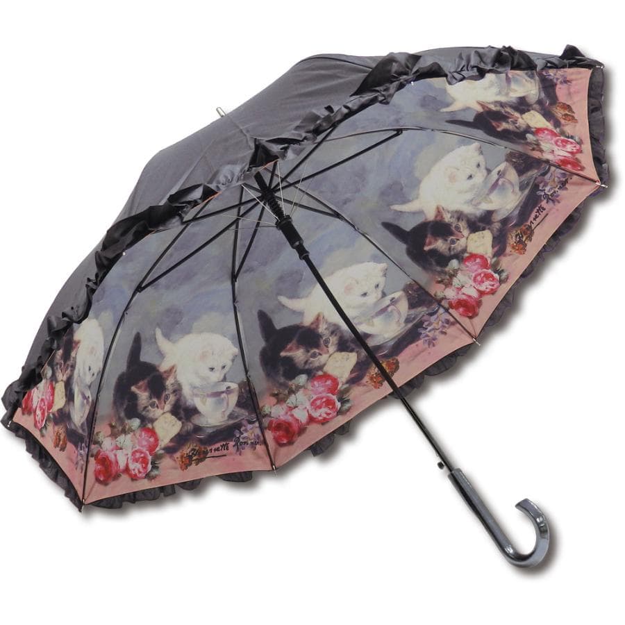 傘 名画フリルジャンプ傘〜晴雨兼用〜(ヘンリエッテ ロナーニップ「キャット・フレンド」) 日傘 雨傘 おしゃれ…