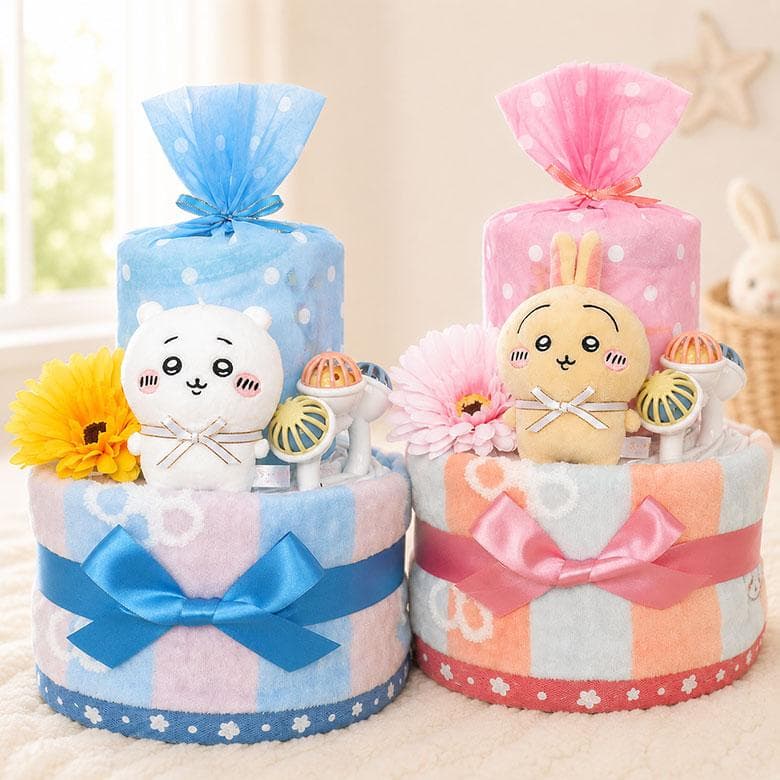 おむつケーキ ちいかわ オムツケーキ 出産祝い 2段 紙おむつ アイテム3点つき 女の子 男の子