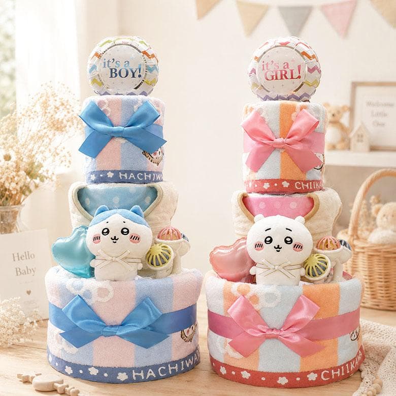 おむつケーキ ちいかわ オムツケーキ 出産祝い 3段 紙おむつ アイテム5点つき 女の子 男の子 おもちゃ付き