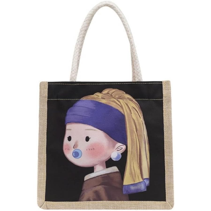 手提げ トートバッグ ハンドバック 小さめ エコ キャラクター ミニ チャック付き (真珠の耳飾りの少女, Free…