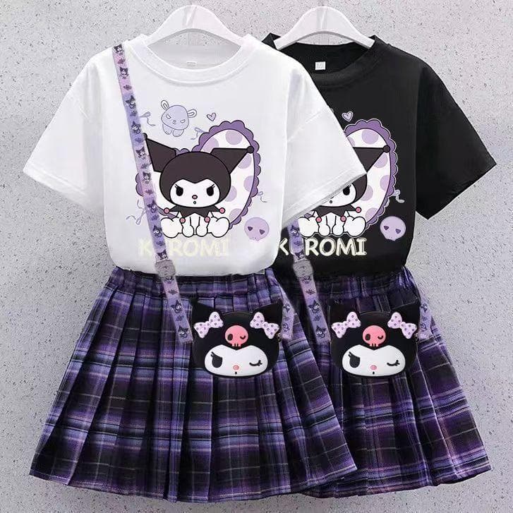 子供 プリーツスカート トップスセットクロミ ちゃん 半袖 立体クロミ風 夏服 プリンセス ドレス ホワイトブラック…