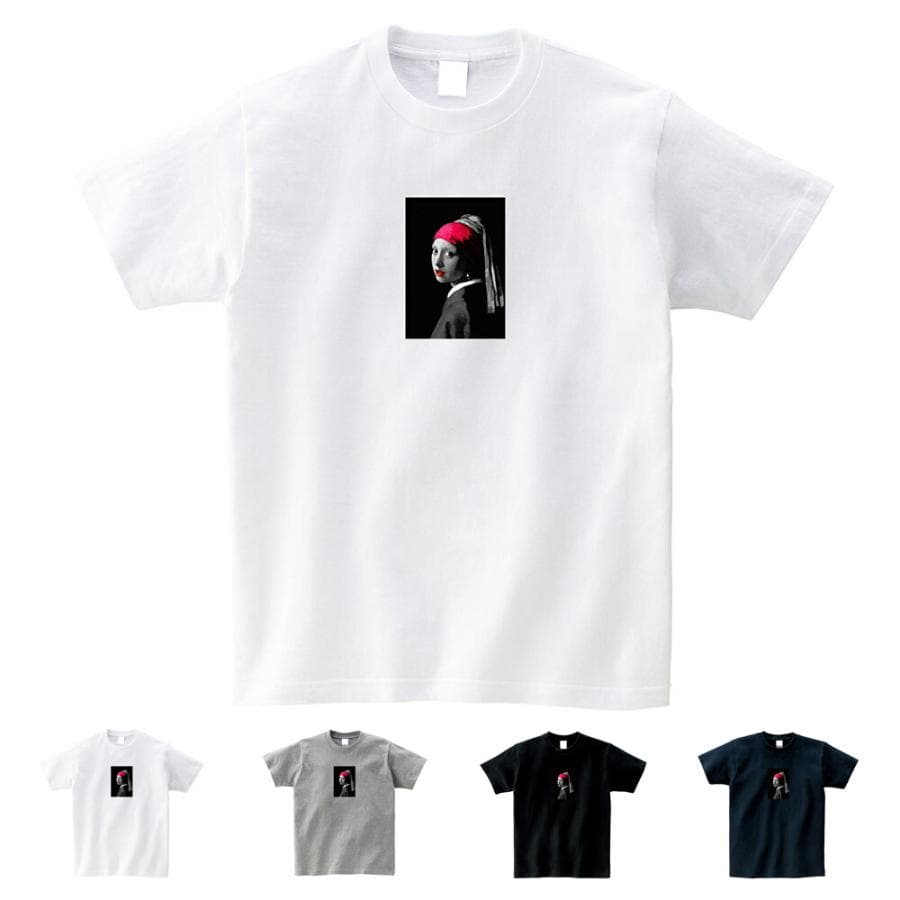 【半袖 スモールアートTシャツ】フェルメール Tシャツ 真珠の耳飾りの少女 モノクロレッド ライフ イズ アート 半袖…