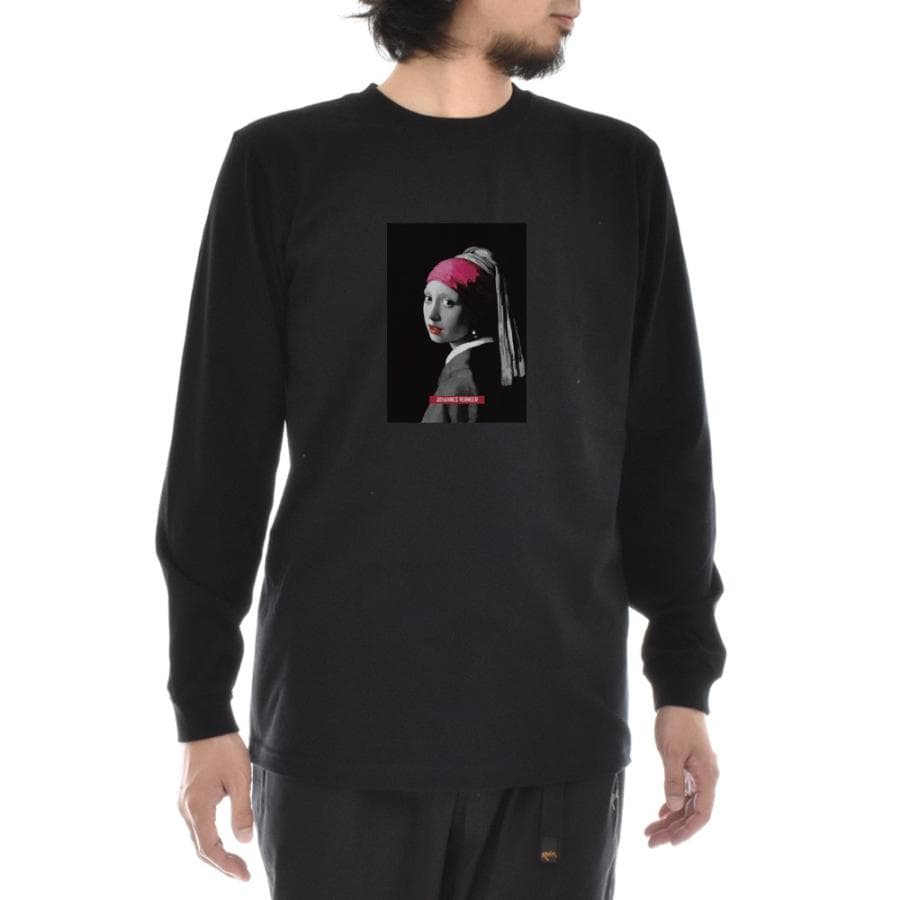 フェルメール Tシャツ 真珠の耳飾りの少女 モノクロレッド 長袖 ロンT ロングスリーブ メンズ レディース…