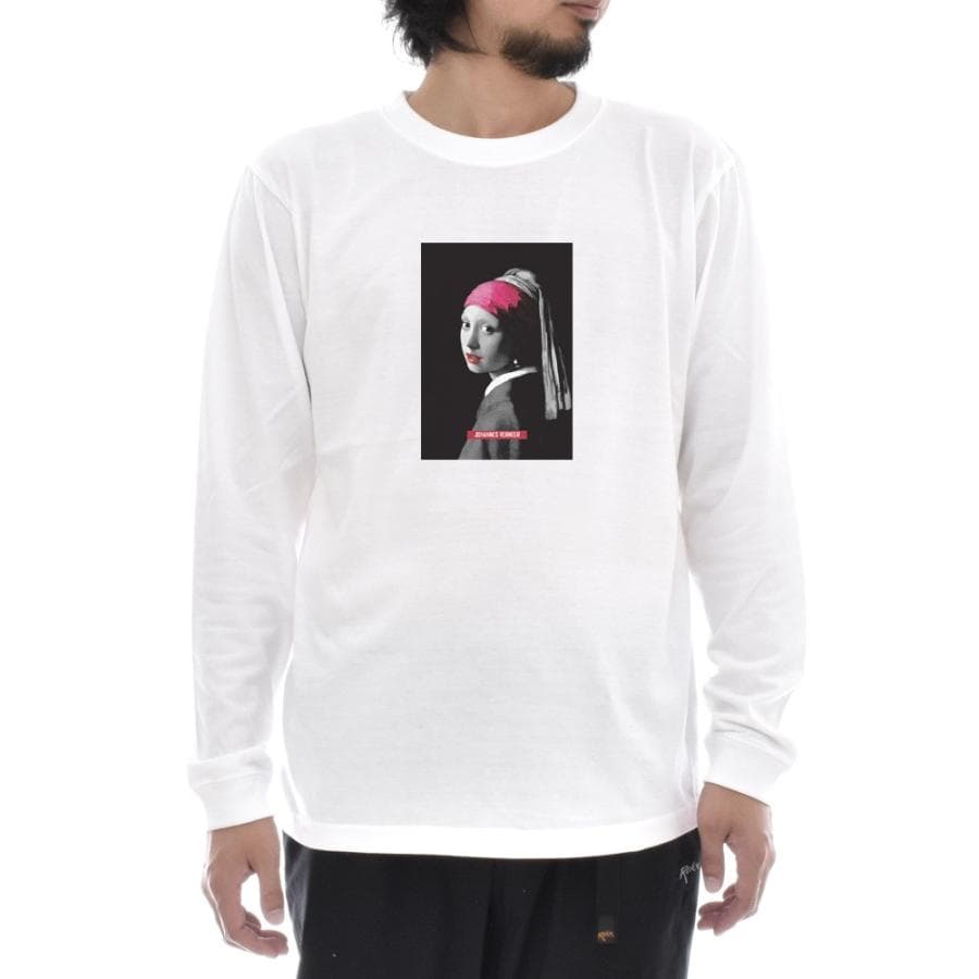フェルメール Tシャツ 真珠の耳飾りの少女 モノクロレッド 長袖 ロンT ロングスリーブ メンズ レディース…
