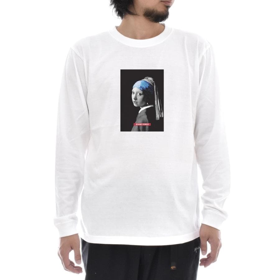 フェルメール Tシャツ 真珠の耳飾りの少女 モノクロブルー 長袖 ロンT ロングスリーブ メンズ レディース…