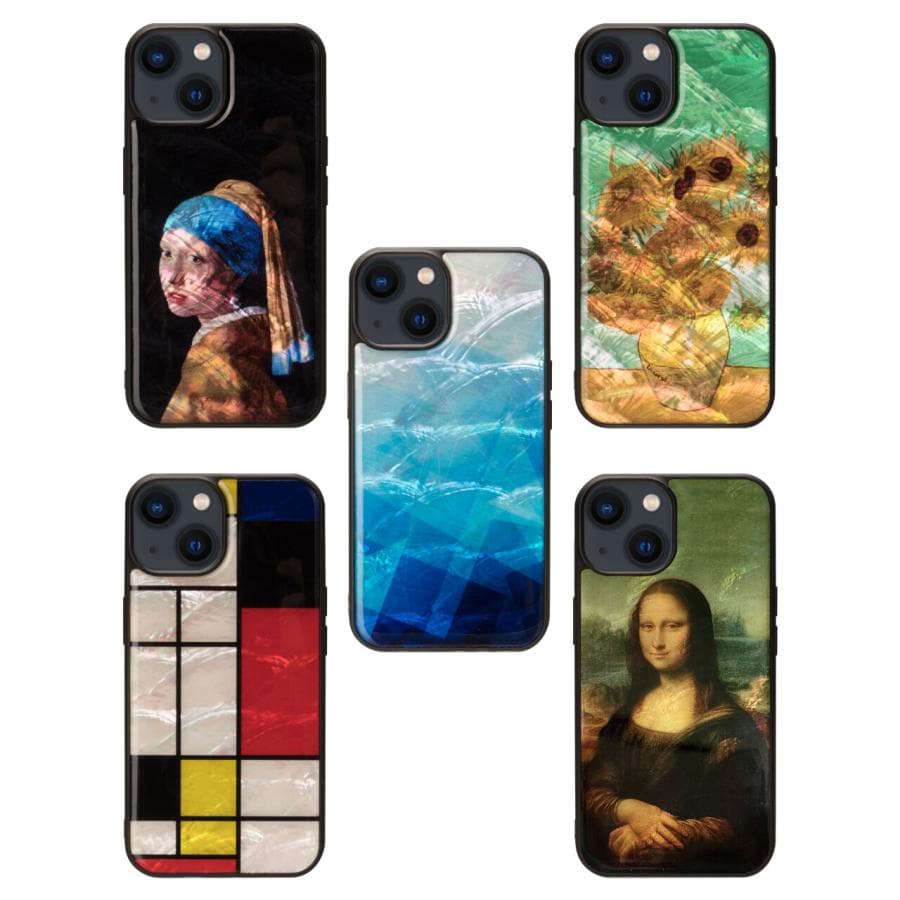 ikins 天然貝ケース for iPhone 15 Blue Lake 真珠の耳飾りの少女 モナ・リザ…