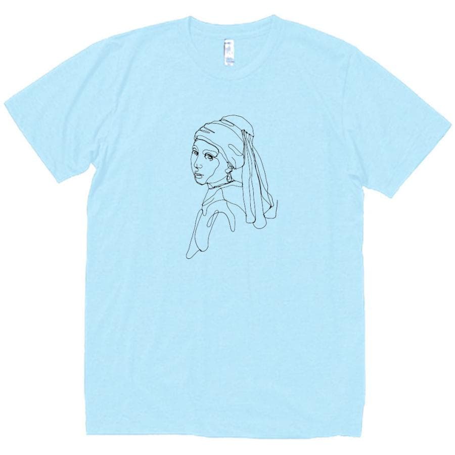 フェルメール 真珠の耳飾りの少女 線画 デザイン・アート Tシャツ ライトブルー