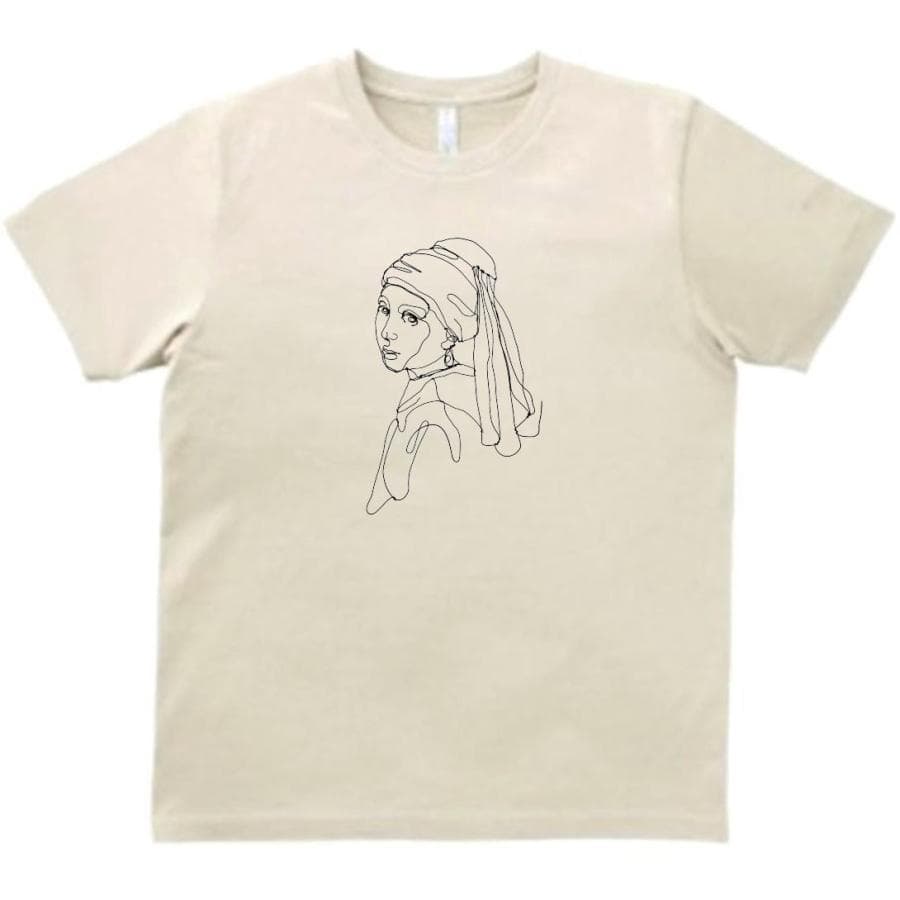 フェルメール 真珠の耳飾りの少女 線画 デザイン・アート Tシャツ ライトベージュ