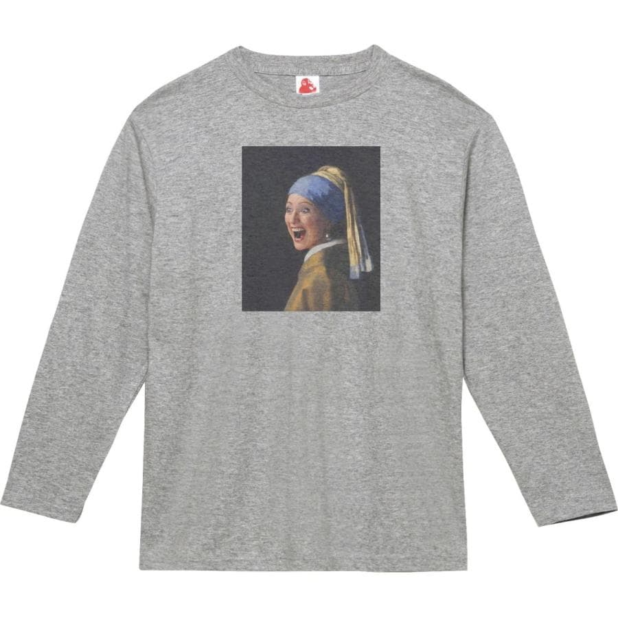 フェルメール 真珠の耳飾りの少女パロディ デザイン・アート 長袖Tシャツ ロングスリーブ グレー