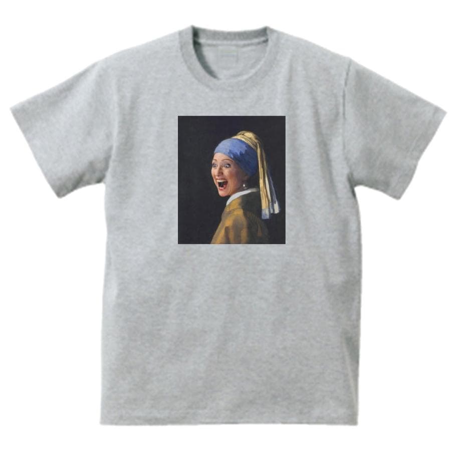 フェルメール 真珠の耳飾りの少女パロディ デザイン・アート Tシャツ グレー