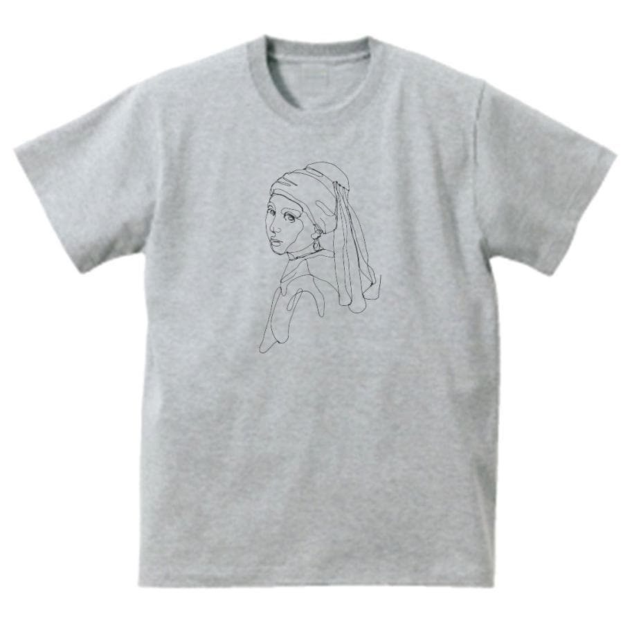 フェルメール 真珠の耳飾りの少女 線画 デザイン・アート Tシャツ グレー