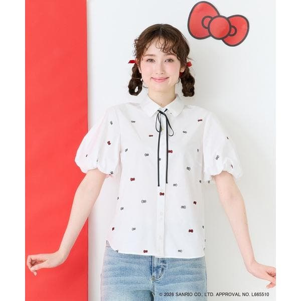 ブラウス シャツ 夏 半袖 「HELLO KITTY」ハローキティ リボン刺繍ブラウス レディース
