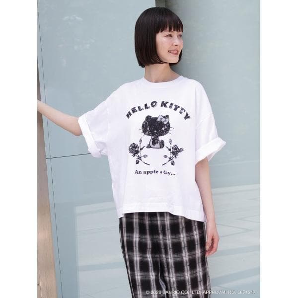 tシャツ 半袖 H.A.K×HELLO KITTY ハローキティとバラ かすれグリッタープリントTシャツ レディース
