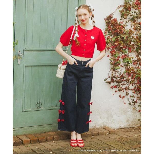 ワイドパンツ ジーンズ デニム デニムパンツ ハローキティ サイドリボンデニム レディース